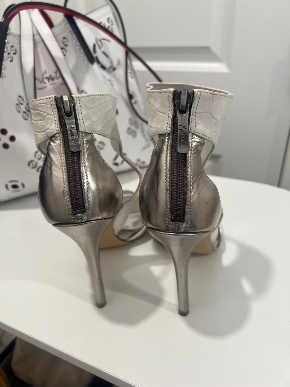 Metallic Silver & White Marciano High Heel Sandals US 7.5 w/ White Ankle Collar